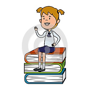happy student girl seated in pile text books