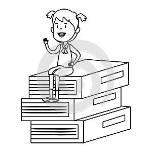 happy student girl seated in pile text books