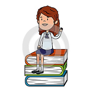 happy student girl seated in pile text books