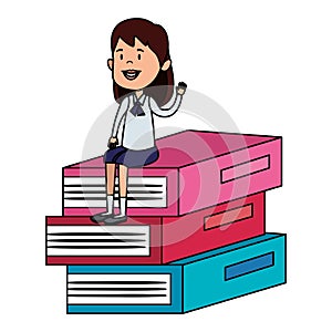 happy student girl seated in pile text books