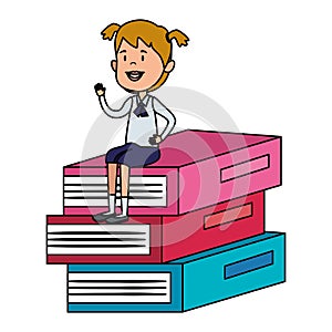 happy student girl seated in pile text books