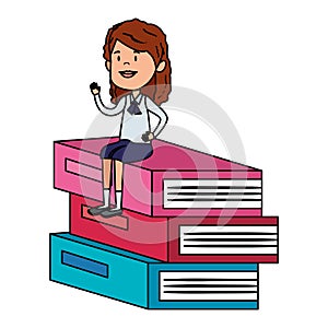 happy student girl seated in pile text books