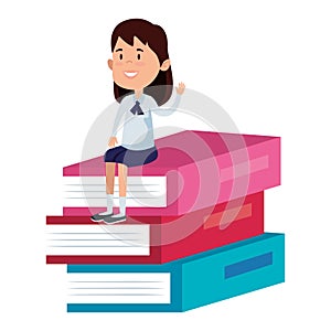 happy student girl seated in pile text books