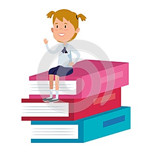 happy student girl seated in pile text books