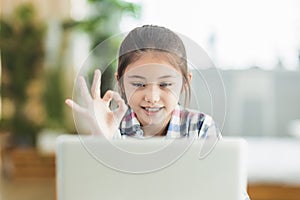 Happy student girl study online on laptop.Showing ok gesture