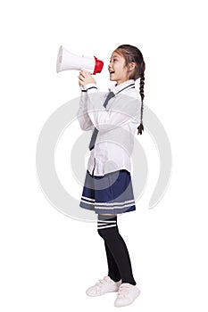 Happy student girl wearing uniform and holding  with megaphone