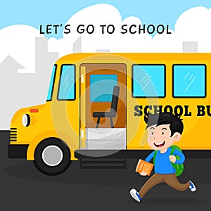Happy student go to school with bus. Opened door school bus flat style illustration.