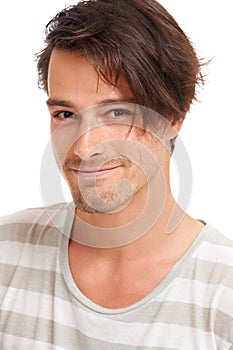 Happy, student and portrait of man in studio for casual, trendy and cool fashion. Happiness, edgy and confidant with photo