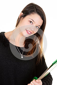 Happy student standing on white background