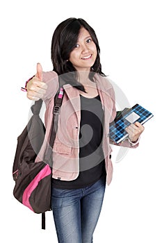 Happy student thumb up gestures portrait