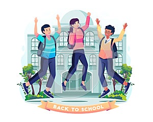 Happy students with backpacks are jumping in front of the school building. Schoolboy and schoolgirl are greeting each other