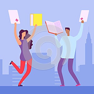 Happy students with books and exellent marks for the tests. Education vector illustration
