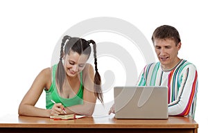 Happy students with laptop