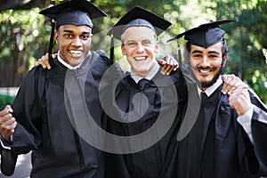 Happy, students and men portrait at graduation with celebration, friends and graduate group outdoor with a smile