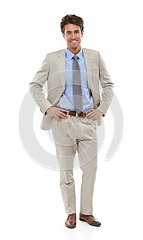 Happy, style and portrait of businessman in studio with elegant, fancy and stylish suit. Smile, confidence and full body