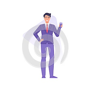 Happy stylish business man wearing tie suit standing with paper coffee cup vector flat illustration