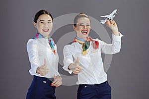 happy stylish female air hostesses isolated on grey background