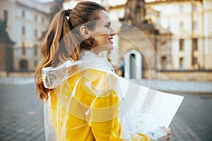happy stylish tourist woman in blouse in Prague Czech Republic