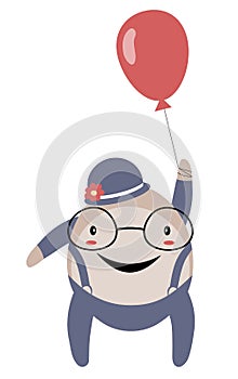 Happy stylized spectacled man with balloon isolated on white