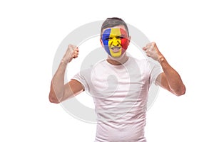 Happy and success emotions of Romanian football fan in game support of Romania national team