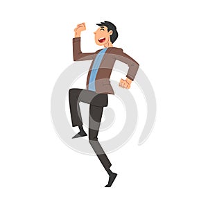 Happy Successful Business Man Character Running to Finish Vector Illustration