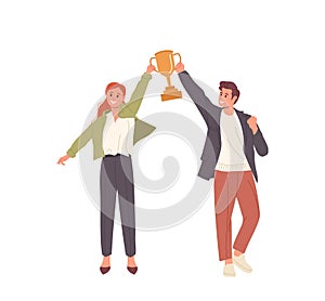 Happy successful business man and woman holding trophy cup golden goblet vector illustration