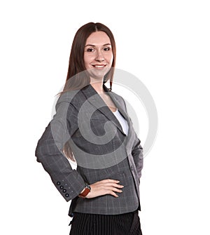 Happy successful business woman. Isolated on white background