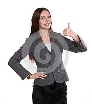 Happy successful business woman. Isolated on white background