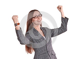 Happy successful business woman. Isolated on white background