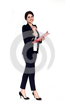 Happy successful business woman with red folder