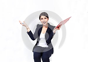 Happy successful business woman with red folder on white background