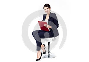 Happy successful business woman with red folder on white background