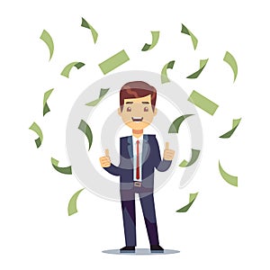 Happy successful businessman in money rain. Finance and banking vector concept