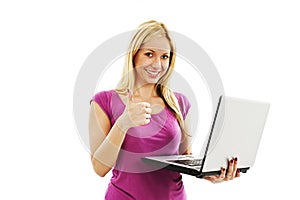 Happy successful girl holding laptop
