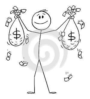 Happy Successful Man or Businessman Holding Bags of Money or Dollars , Vector Cartoon Stick Figure Illustration