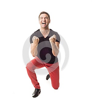 Happy successful man on white background