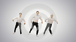 Happy Successful Office Workers Dancing on gradient background.