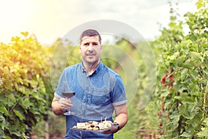 Happy successful winemaker in vineyard holding glass of red wine and board with cheese nuts and grapes for wine tasting