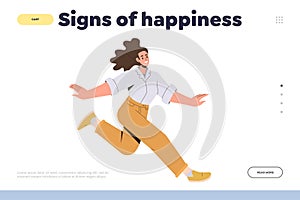 Happy successful woman running and jumping, sign of happiness landing page template