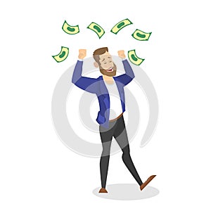 Happy successfull man jumping with money banknotes