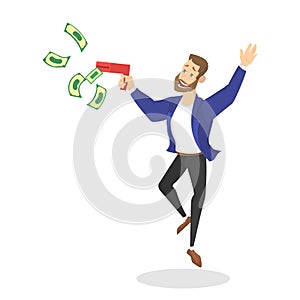 Happy successfull man jumping with money banknotes