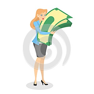 Happy successfull woman hug a pile of money