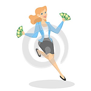 Happy successfull woman jumping with money banknotes