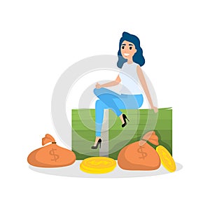 Happy successfull woman sitting around a pile of money