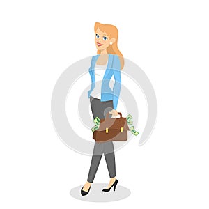 Happy successfull woman standing with bag full of money