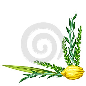 Happy Sukkot decorative frame. Holiday background with Jewish festival traditional symbols.