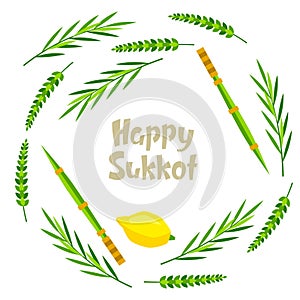 Happy Sukkot decorative frame. Holiday background with Jewish festival traditional symbols.