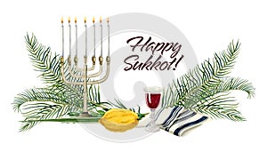 Happy Sukkot greeting banner watercolor illustration isolated on white background for Jewish Feast of Tabernacles