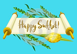 Happy Sukkot greeting card. Holiday background with Jewish festival traditional symbols.