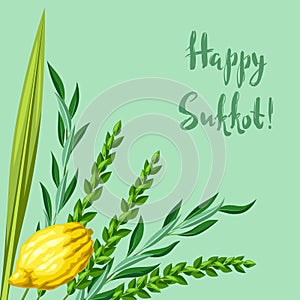 Happy Sukkot greeting card. Holiday background with Jewish festival traditional symbols.